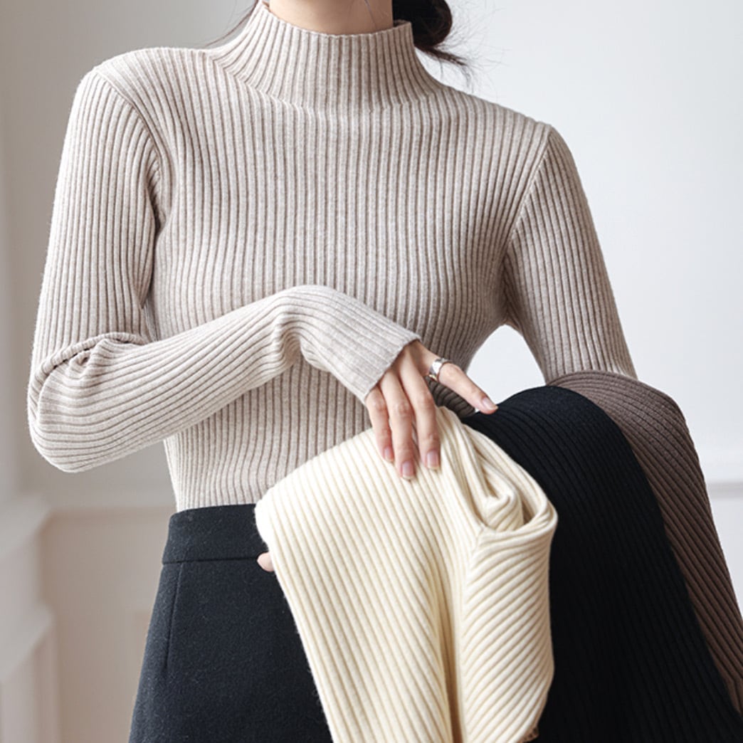 レディース トップス ニット セーター プルオーバー レギュラー丈 裾イン タックイン 長袖 ハイネック タートルネック タイト スリム ストレート スマート フェミニン リブ リブニット 伸縮性