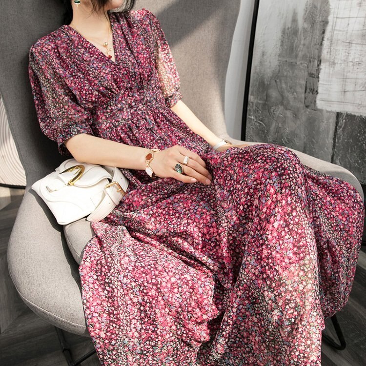 ワンピース レディース 40代 きれいめ マキシワンピース 春夏新作 五分袖ワンピース 花柄シフォン 母の日のプレゼント 母の日-0003222