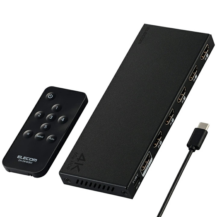 エレコム HDMI切替器 4K対応 5in1 専用リモコン付 4K60Hz対応 5入力 HDMI)+1出力 HDMI) メタル筐体 ブラック DH-SW4KB51BK/E 4,637円
