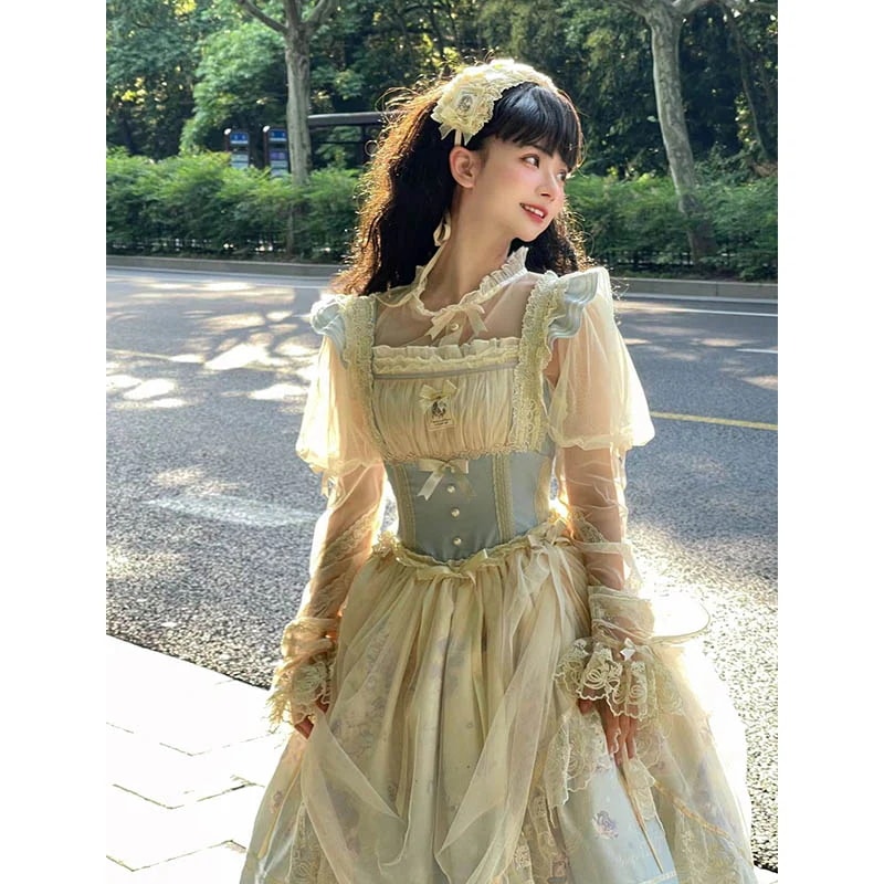 ブルーグラデーションプリントロリータフィッシュボーンドレス