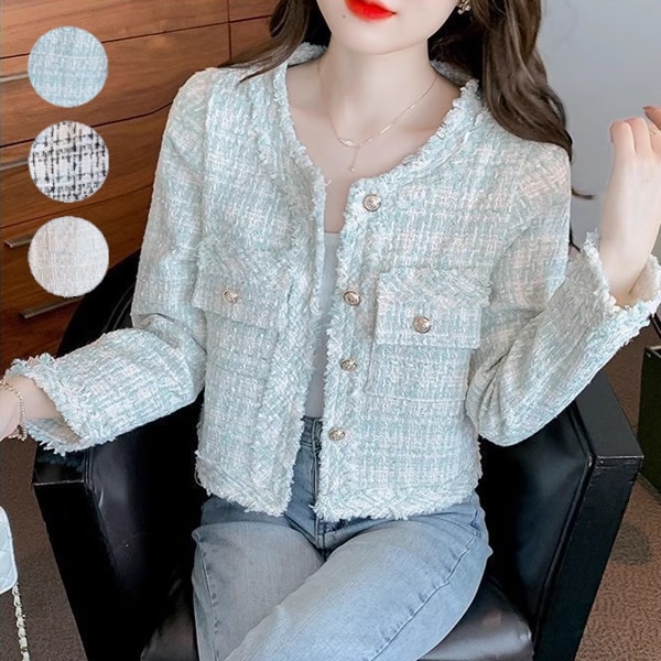 ３色展開 レディース トップス ジャケット アウター 上着 テーラードジャケット ブレザー クロップド丈 長袖 ラウンドネック Aライン スリムフィット ポケット ボタンステッチ ツイード ボタン