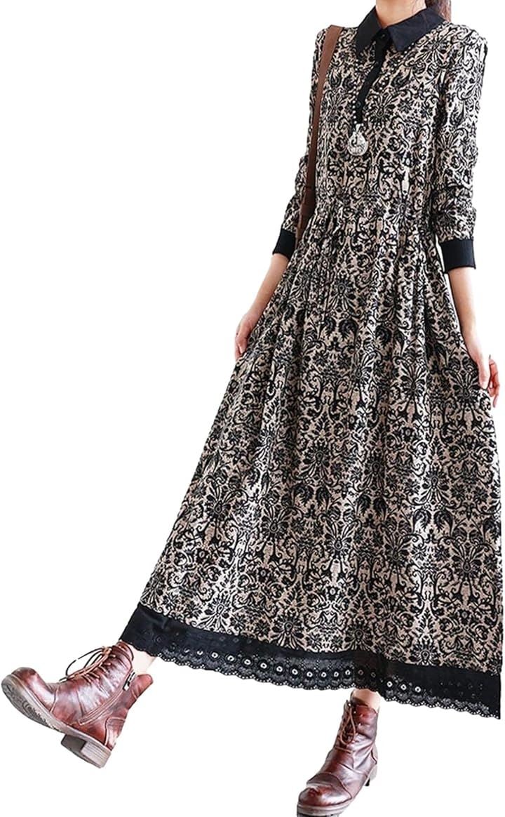 幾何学柄 花柄 レトロ風ロングワンピース シックカラー レース ウエストゴム ミモレ丈 レディース (ブラック, 2XL)