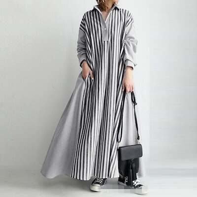 2025マント レディース ストライプ ロング丈 長袖 マキシワンピース 大きいサイズ シャツワンピース