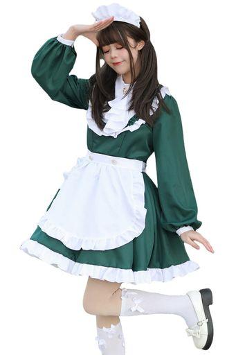 コスパ最高 即納 メイド服 コスチューム 三色展開 ハロウィン 仮装 ブラック レッド グリーン レディース エプロン 衣装 長袖 可愛い 萌え パーティー 大人用 ワンピース ニーハイ付き (2XL