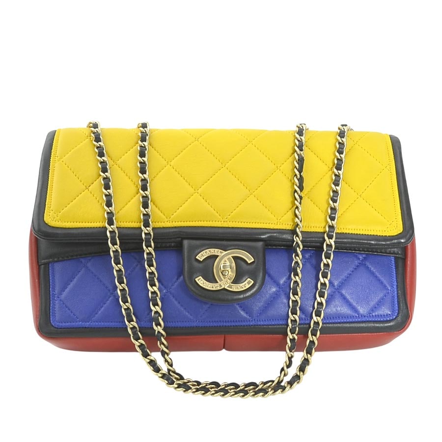 シャネル CHANEL ショルダーバッグ マトラッセ レザー イエロー/ブルー/レッド ゴールド レディース e59814a