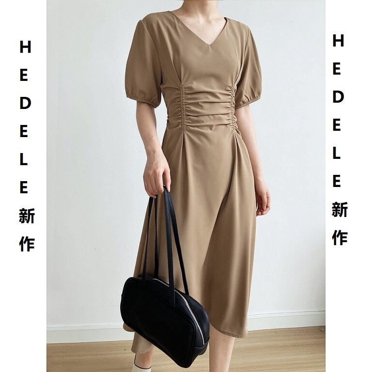 フランス風 Vネック ウエスト引き締め ひだを引く 着痩せ セミロング丈 Tシャツワンピース体型カバーチュニック