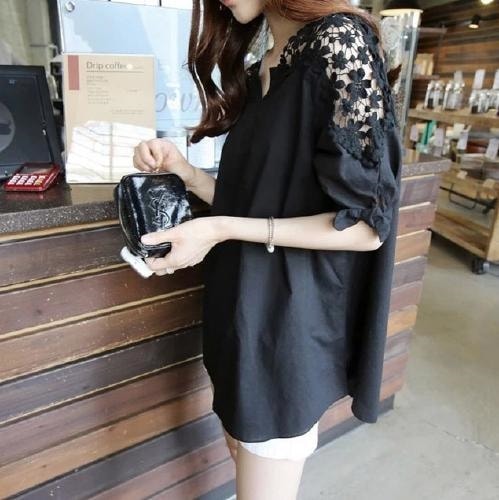 2282.袖リボン花柄刺繍レースブラウス5分袖シャツ(ブラック) 2019 春夏 新作 大人 かわいい カジュアル ゆったり OL 20代 30代 デート服 女子会