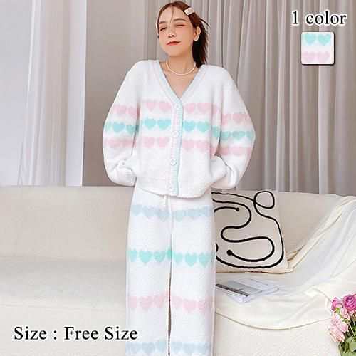 【グラシア】 ルームウェア モコモコ パジャマ 部屋着 キュート シルエット ハート ふんわり もこもこ ゆったり しっかり ボーダー 大人 ホワイト フリーサイズ