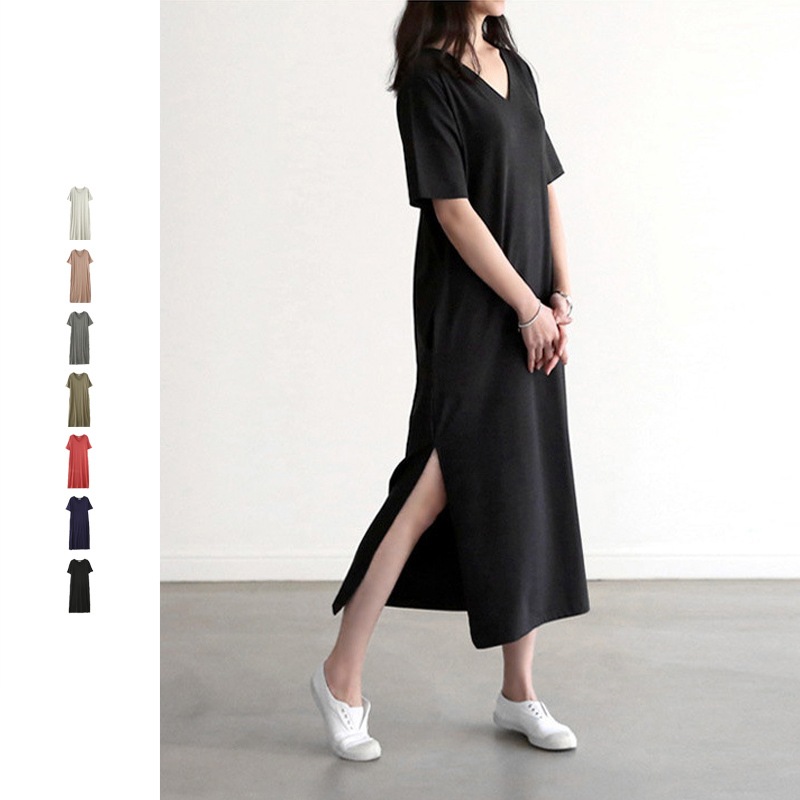 ワンピース ルームウェア パジャマ カットソー ロング丈 袖あり 5分袖 フレアスリーブ Vネック 襟なし スリム 細身 ストレート Iライン ポケット かわいい 大人可愛い きれいめ シンプル
