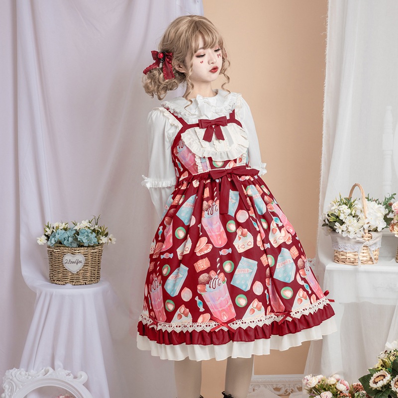 新作 デザート キュート ソフト ガール プリント jsk スカート デイリー ロリータ ロリータ レトロ サスペンダー ドレス