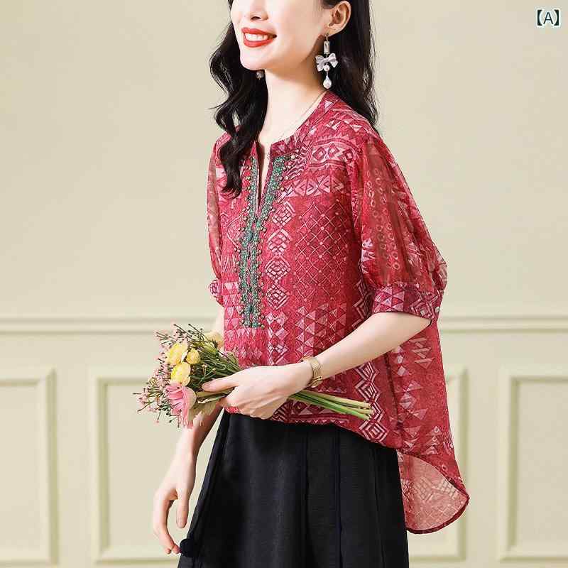 ママ 夏 シフォン シャツ レディース エスニック 体型カバー トップス フェミニン 赤 エレガント Vネック 6,940円