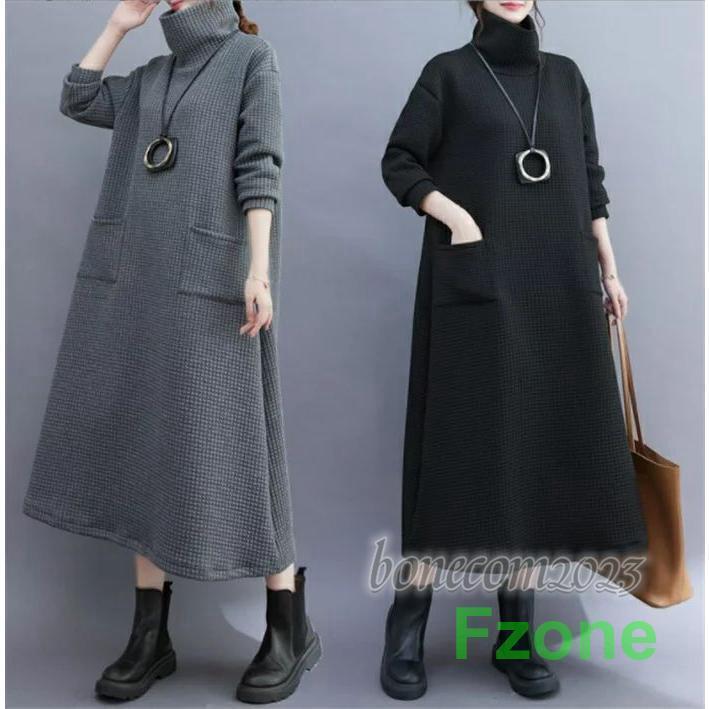 ワンピース レディース 40代 ロングワンピース ニット 長袖 タートルネック ミモレ 大きいサイズ 体型カバー ゆったり 着痩せ 通勤 おしゃれ 無地 ロ