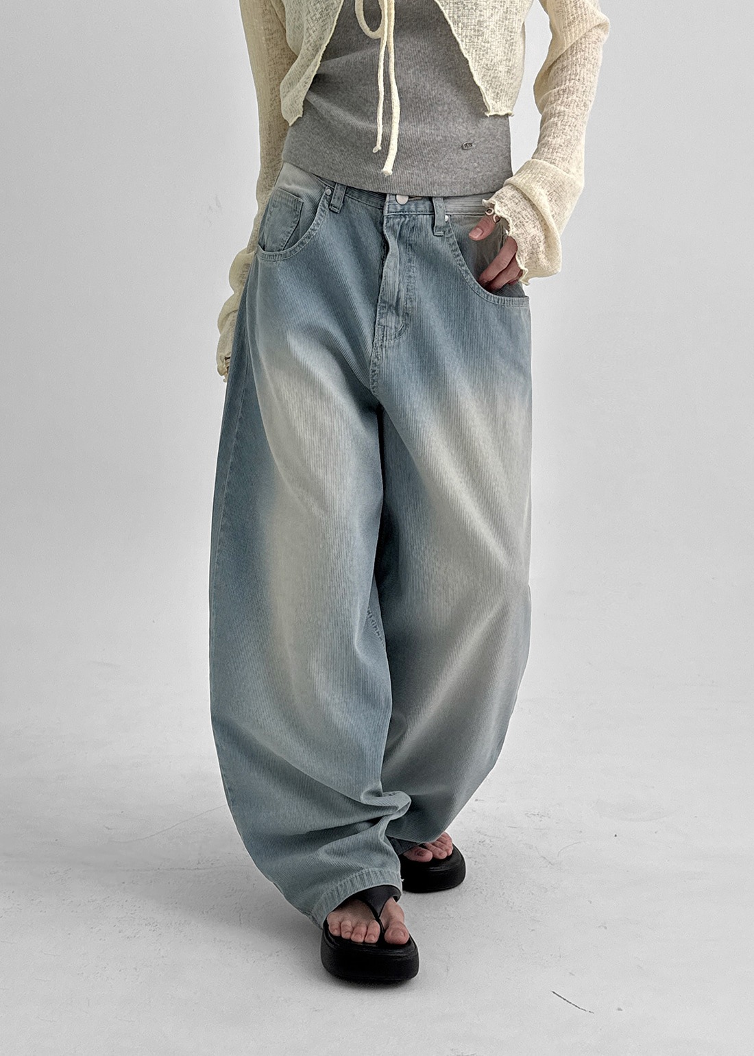 ねんどサマーウォッシュゴルジワイドデニムパンツ
