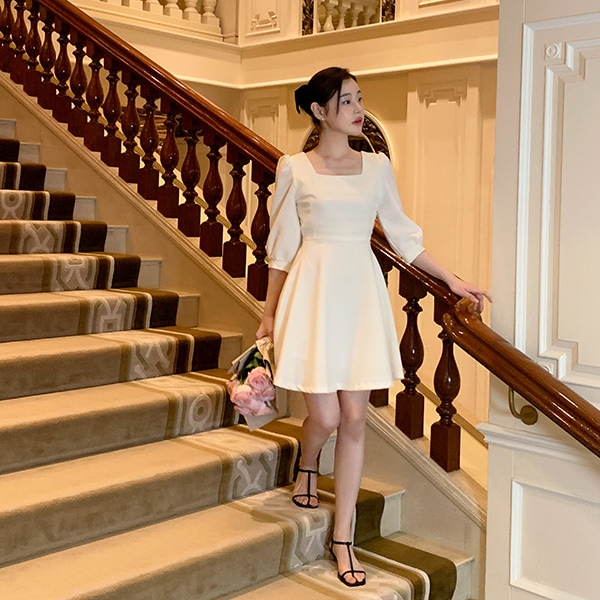 (SSバージョン追加/2丈/袖2タイプ) ルブランシュ スクエアネック シアー装飾 フレアワンピース op15977