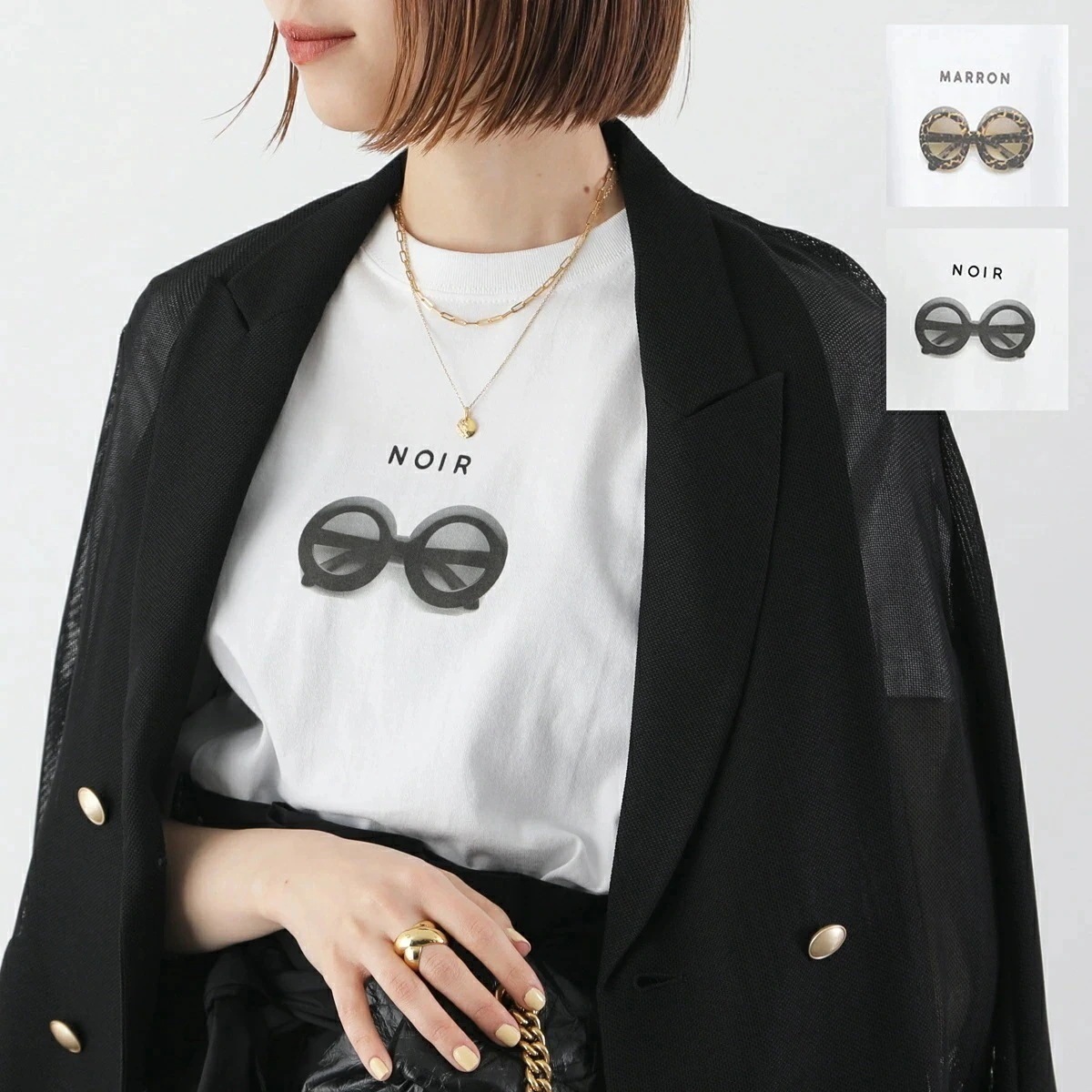 ANGE IN DISGUISE アンジインディスガイズ Tシャツ MARRON / NOIR レディース 半袖 カットソー クルーネック サングラス フォトプリント カラー2色