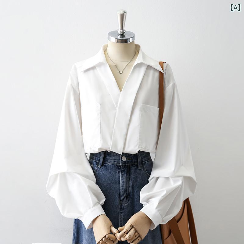レディース シャツ ブラウス クロス カラー 長袖シャツ シンプル 初 白 ランタン スリーブ Vネック ホワイト シック トップス オフィス 普段使い