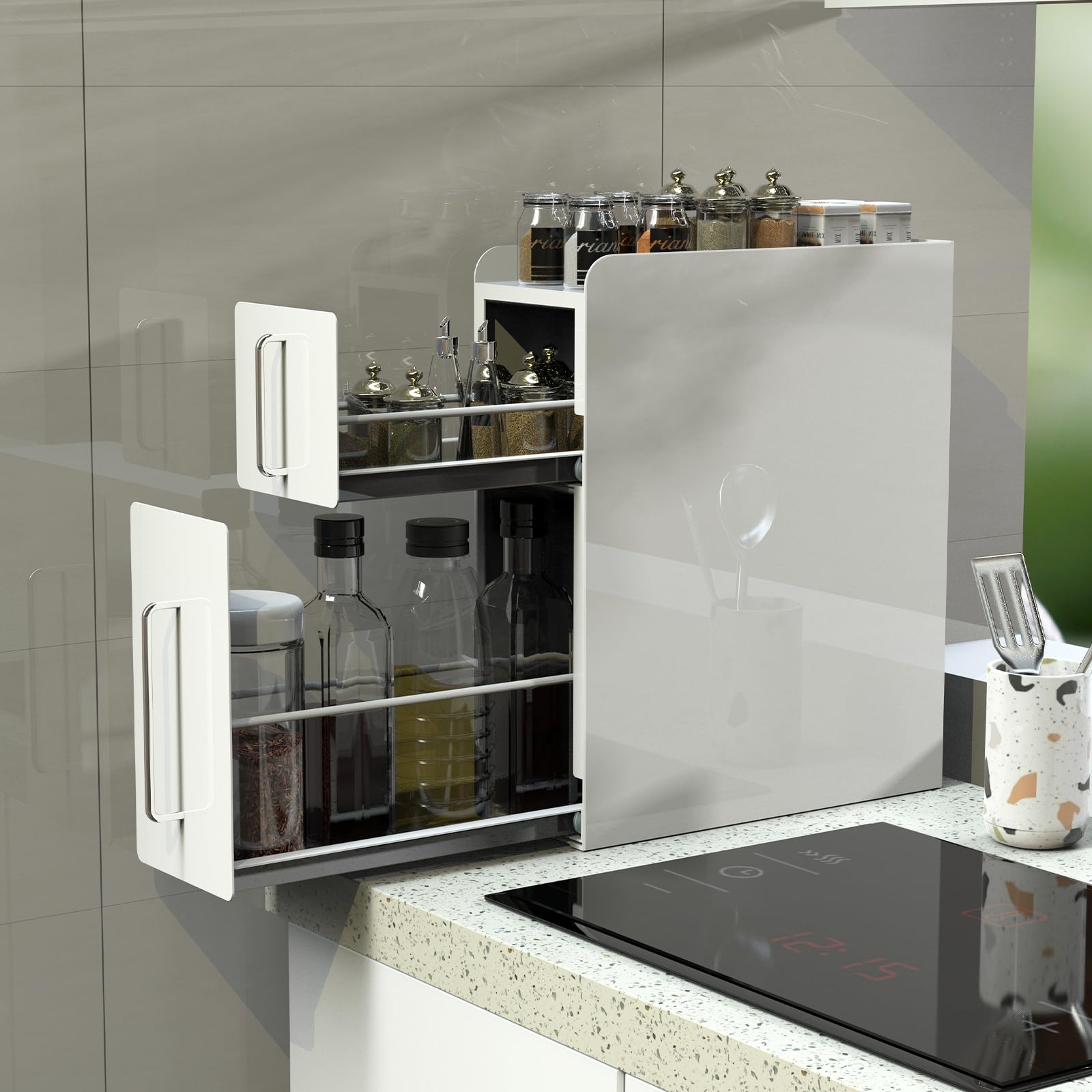 【全面的にアップグレードしました】隠せる調味料ラック 2段 幅14.4cm 奥行35.5cm 高さ46.5cm 台所用 大容量 引き出し式 コンロ横 キッチンラック 皓白色（光沢）