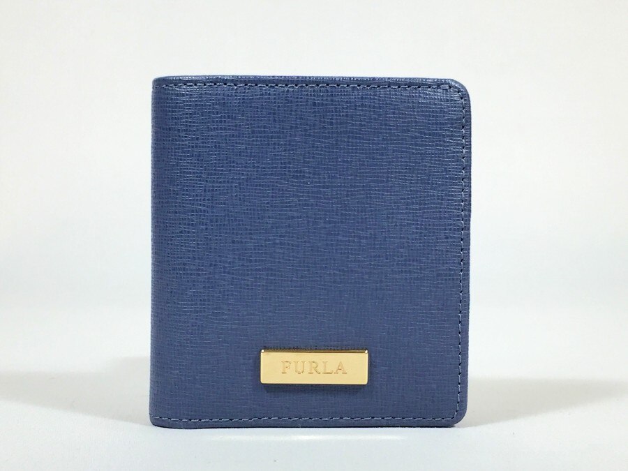 財布 二つ折り財布 コンパクトウォレット レザー ブルー 中古品