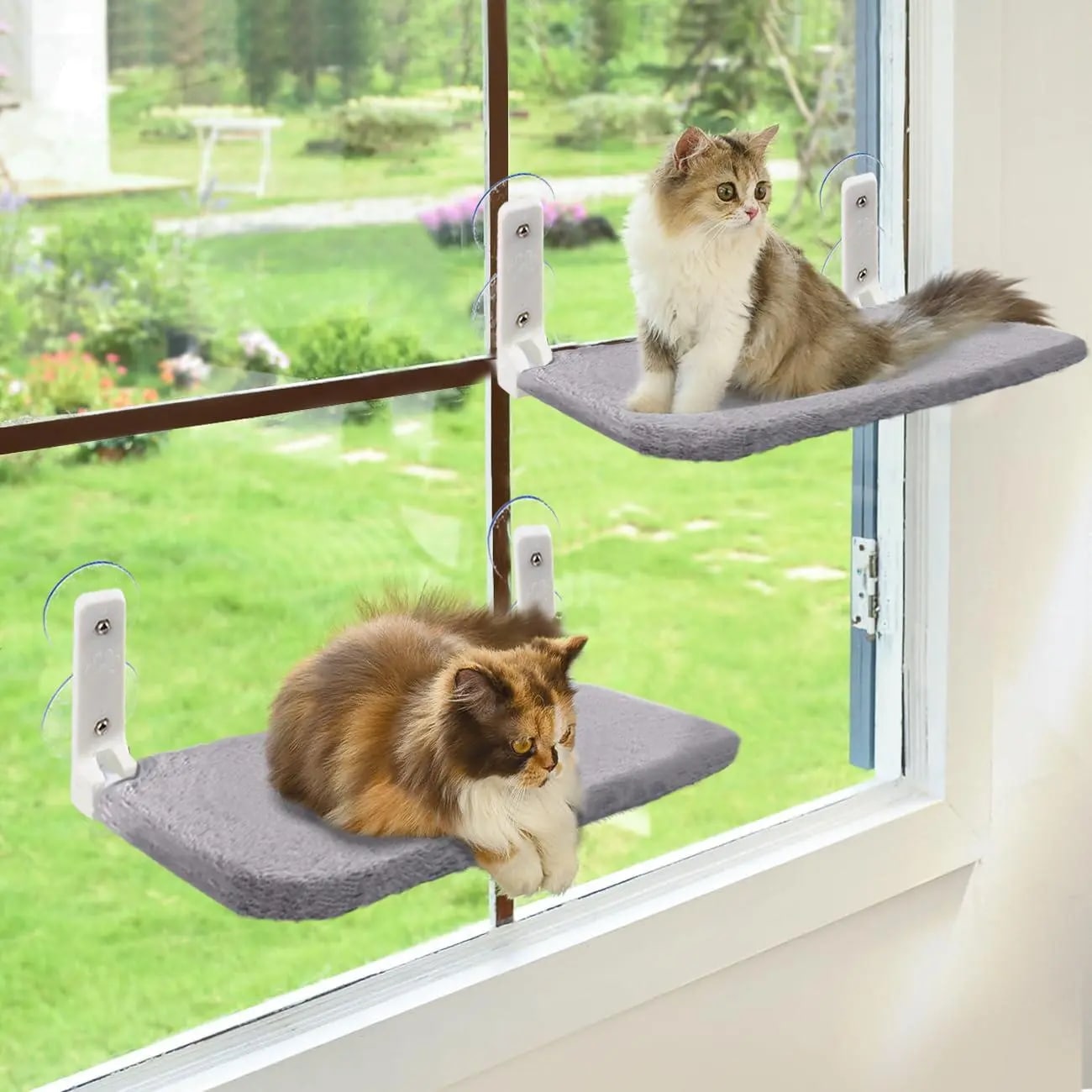 窓用猫の休息場所フレーム付き折りたたみ可能ハンモックベッド(リバーシブルカバー付き)室内飼いの猫用の窓での休息席