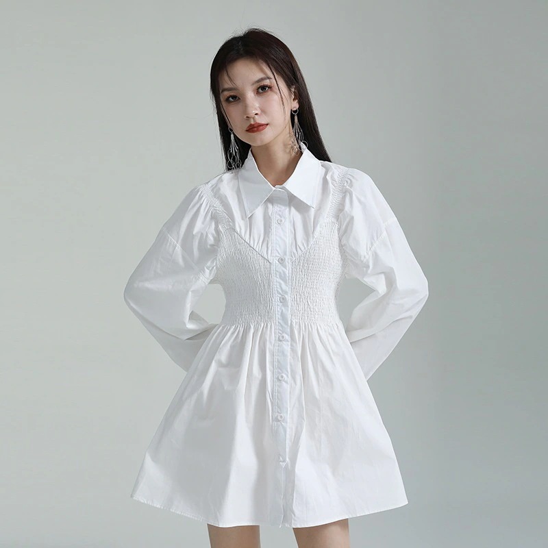 【J.Fashion】 初春 ショートワンピース Aライン ウエスト引き締め シャツワンピース 長袖 レディースワンピース 体型カバー 日焼け止め メガ割