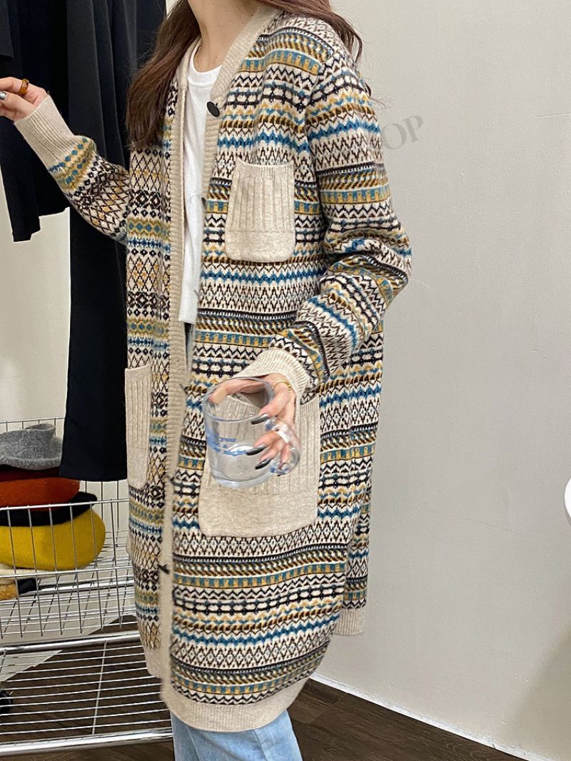 ニットカーディガン ロング ニット カーディガン 総柄 コーディガン ロング丈 ガウン 秋 冬 春 長袖 羽織り ポケット 女性 上着 アウター 通勤 シンプル 体型カバー ゆったり かわいい 細見え