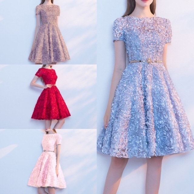 独特な 花柄 半袖 ４色 ブライドメイドドレス Aライン パーティードレス 膝上丈 婚活パーティー 18年新作 フォーマル ワンピース お呼ばれ 二次会 結婚式 パーティー 華やか エレガント フレア ドレス サイズ M