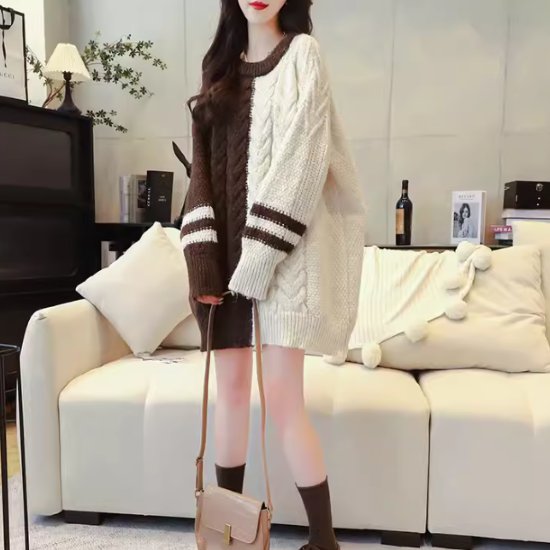 ニットセーター レディース トップス ニット セーター 長袖 ルーズ オーバーサイズ バイカラー 配色デザイン ケーブル編み ラウンドネック プルオーバー カジュアル お出かけ おしゃれ