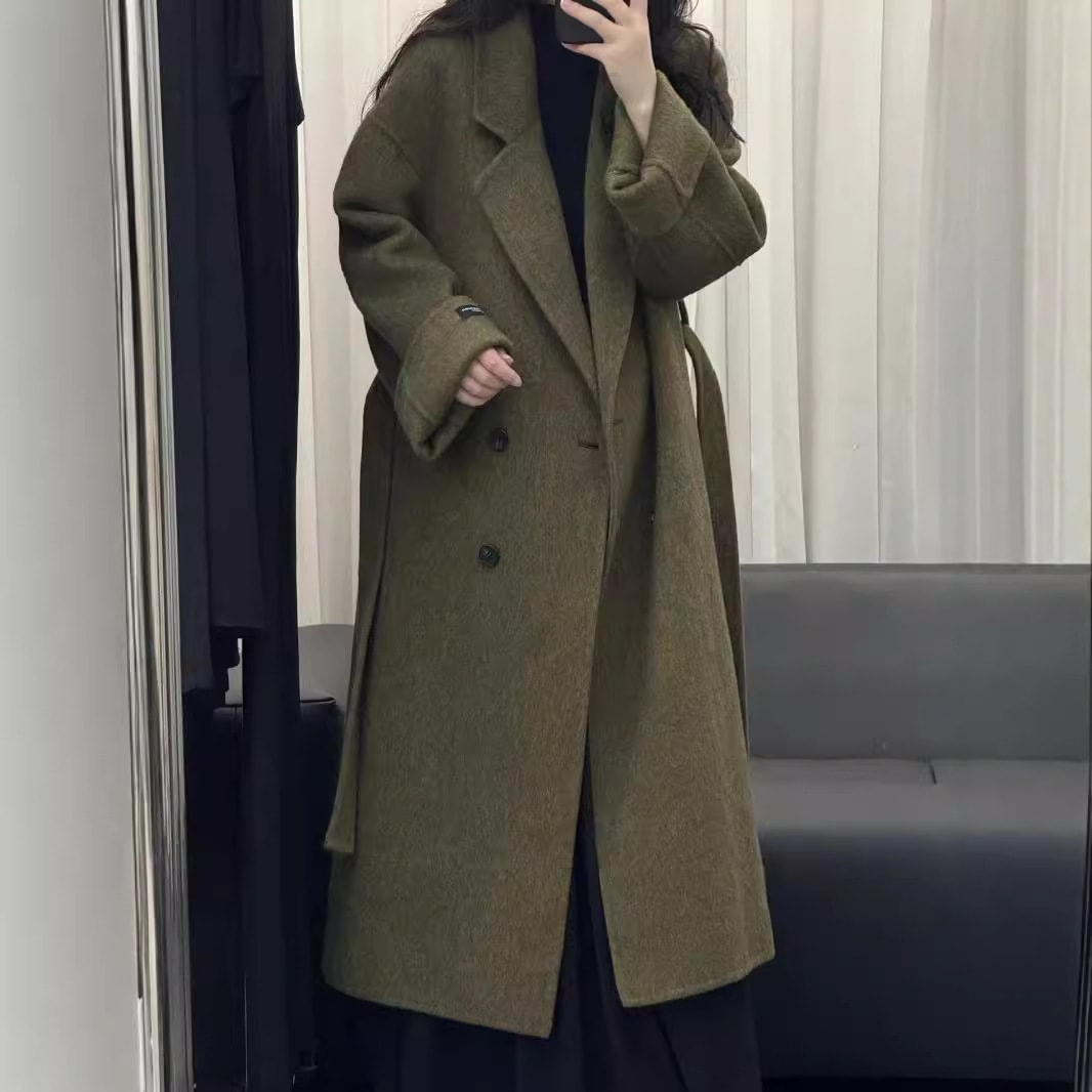 女性用秋冬ロング両面ウールコート韓国風ダブルブレストベルトゆったり厚みのある暖かいウールコート
