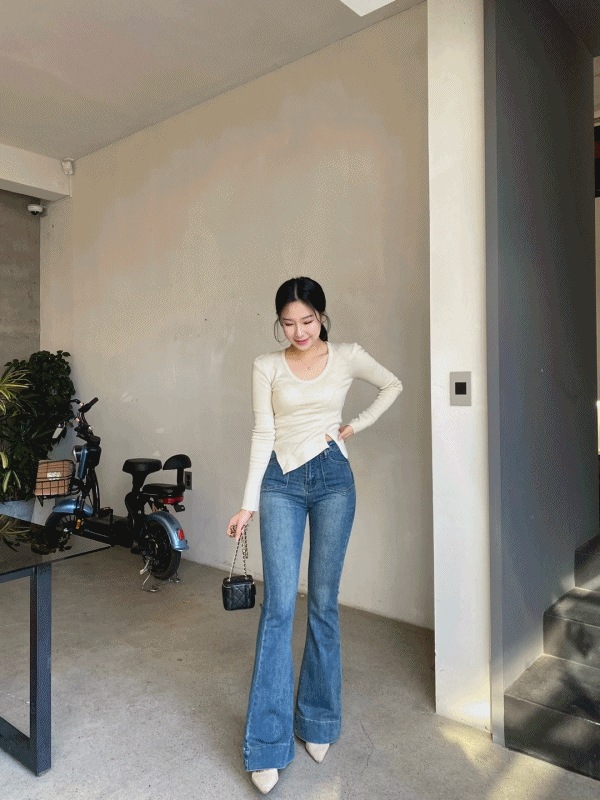 半ハイウエスト ミディアムブルー ポケット ロング ブーツカット ジーンズ デニム パンツ