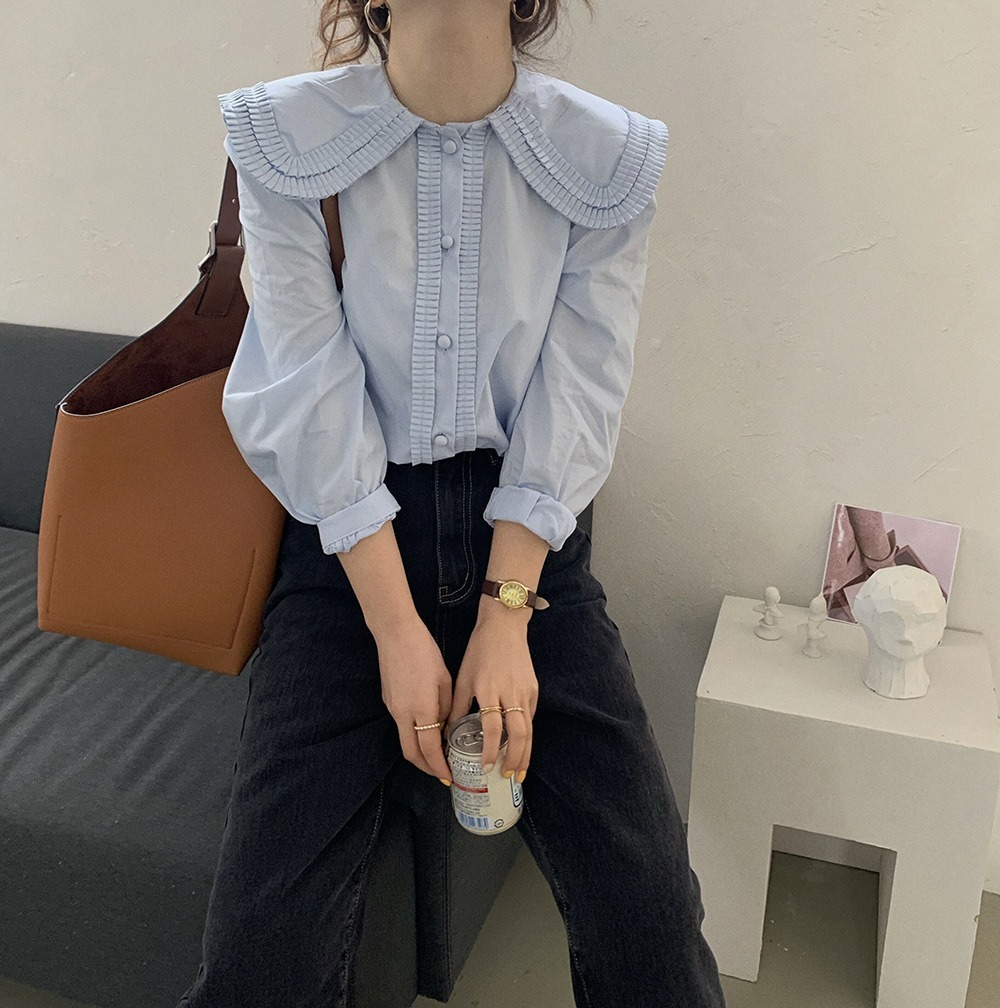 ブラウス 白シャツ プリーツ襟 長袖ブラウス シャツ 韓国 レディース オルチャン トップス 白 ホワイト ブルー 水色 袖あり 長袖 襟付き かわいい 大人可愛い きれいめ シンプル 大人