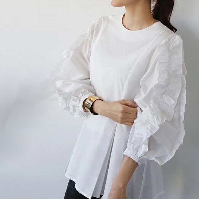 フリル袖カットソー カットソー 七分袖 フリル袖 ラウンドネック フリル チェック柄 無地 プルオーバー ルーズ 韓国 レディース かわいい 可愛い 大人可愛い 大人女子 シンプル きれいめ