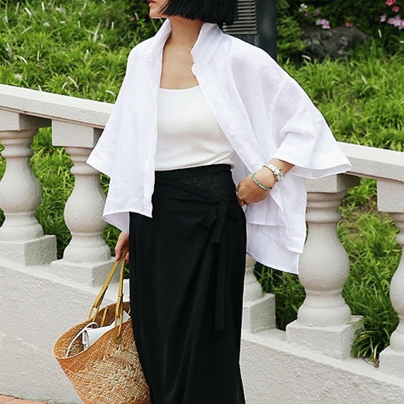 白シャツ シャツ 7分袖 白 ゆったり 個性的 着回し 韓国 レディース オルチャン トップス カットソー 白トップス 袖あり 襟付き ボーイッシュ ケープ かわいい Vネック 大きいサイズ