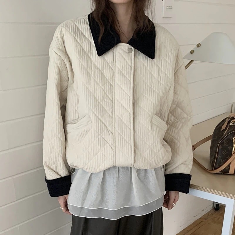 菱柄襟付き拼接コーデュロイジッパー ショート中綿ジャケット 2 カラー フェイクファー