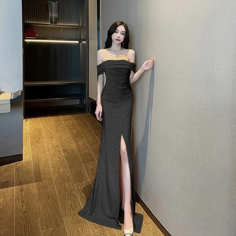 セクシー 成人式 ウェディング 黒同窓会 高級感 発表会 正式 演奏会 キャバドレス 一字肩チューブトップブラ ドレス 披露宴 二次会 スリット 卒業式 ロングワンピース パーティードレス新作 結婚式