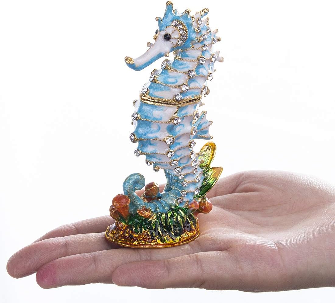 ヒンジ付きタツノオトシゴ 小物入れ 手貼りラインストーン クリスタルジュエリー収納ボックス