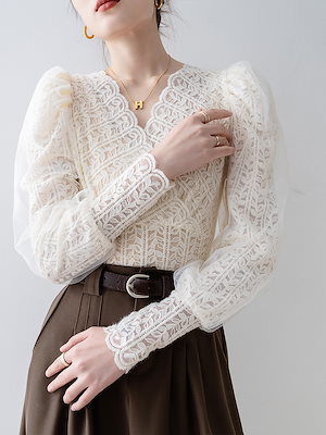 【1点ご購入 で10点プレゼントいたします】春の婦人服2025ブラウスアンズ色Vネックパフスリーブレースのボトムシャツは特に身を修める上着