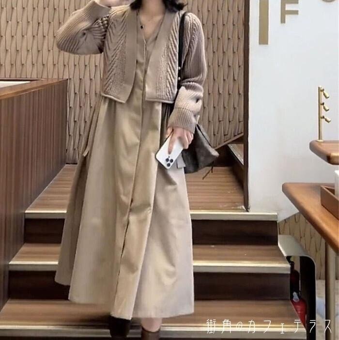 ワンピース レディース レイヤード風 重ね着風 ドッキングワンピース カーディガン風 ニット ケーブルニット ロングワンピース ロング丈 ミモレ丈 長袖 Vネック フレア 大人