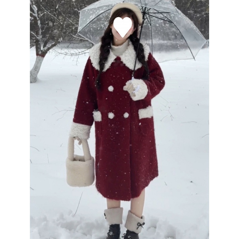 シャツ クリスマス レッド ファー襟 スプライス ジャケット レディース 厚手のウール コート スモール スイート ルック 10