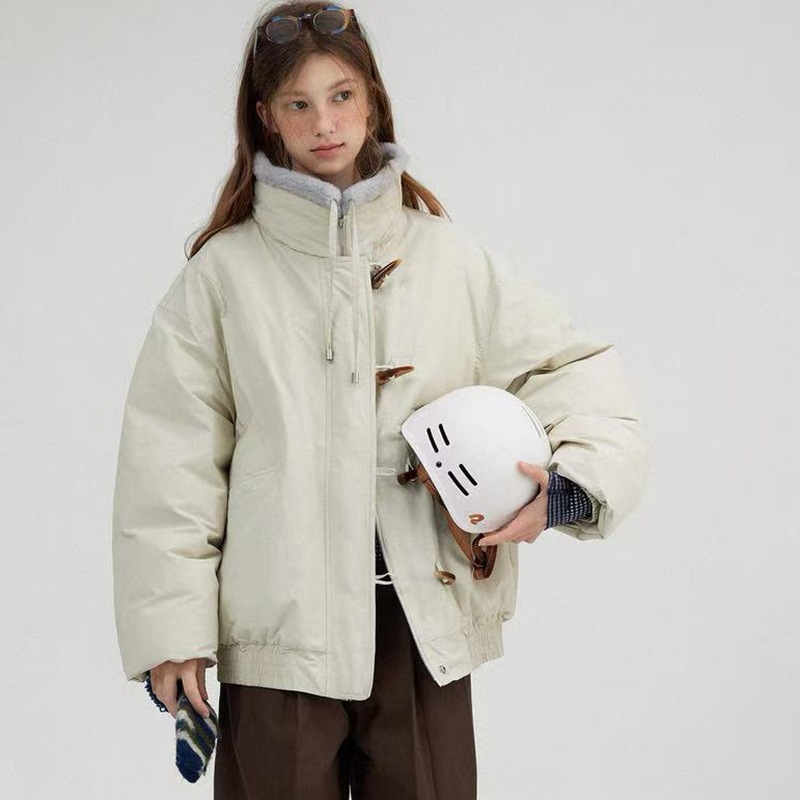 2025冬新作カジュアルプレミアム質感ラムウールラペルホーンボタンホワイトダックダウンジャケットレディース