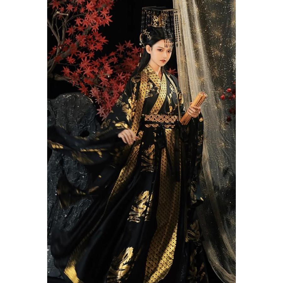 中華コスプレ衣装 大人 男女兼用 中国古代服装 皇帝 黄袍 仮装 変装 王冠 宝冠 ハロウィン衣装 レディース メンズ おしゃれ 黒に金プリント 龍 豪華 漢服 中華衣