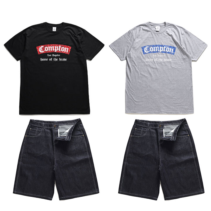 ACE FLAG 上下セット 半袖 ブランド Tシャツ ハーフパンツ 上下 メンズ 春夏用 黒/グレー 大きいサイズ エースフラッグ セットアップ Compton