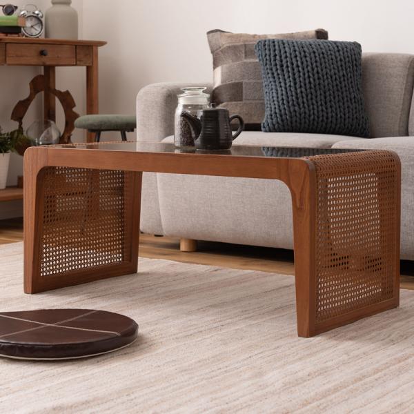 センターテーブル アジアン ガラス天板 シンプル リゾート風 おしゃれ 韓国風 インテリア ローテーブル リビングテーブル 幅90cm ラタン 木製 ローテーブル