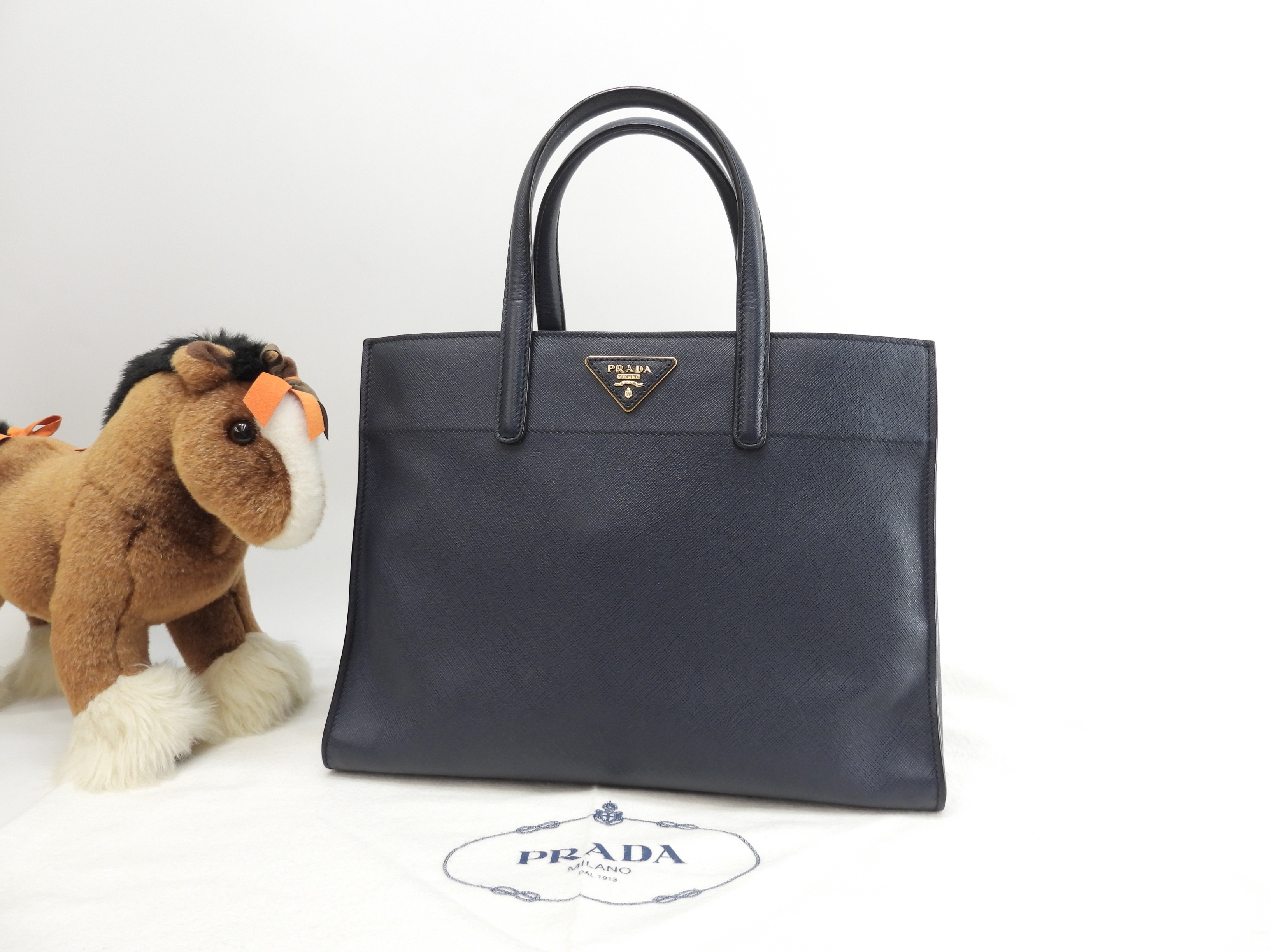 トートバッグ サフィアーノレザー 青 ハンドバッグ 三角ロゴ 美品@14/M