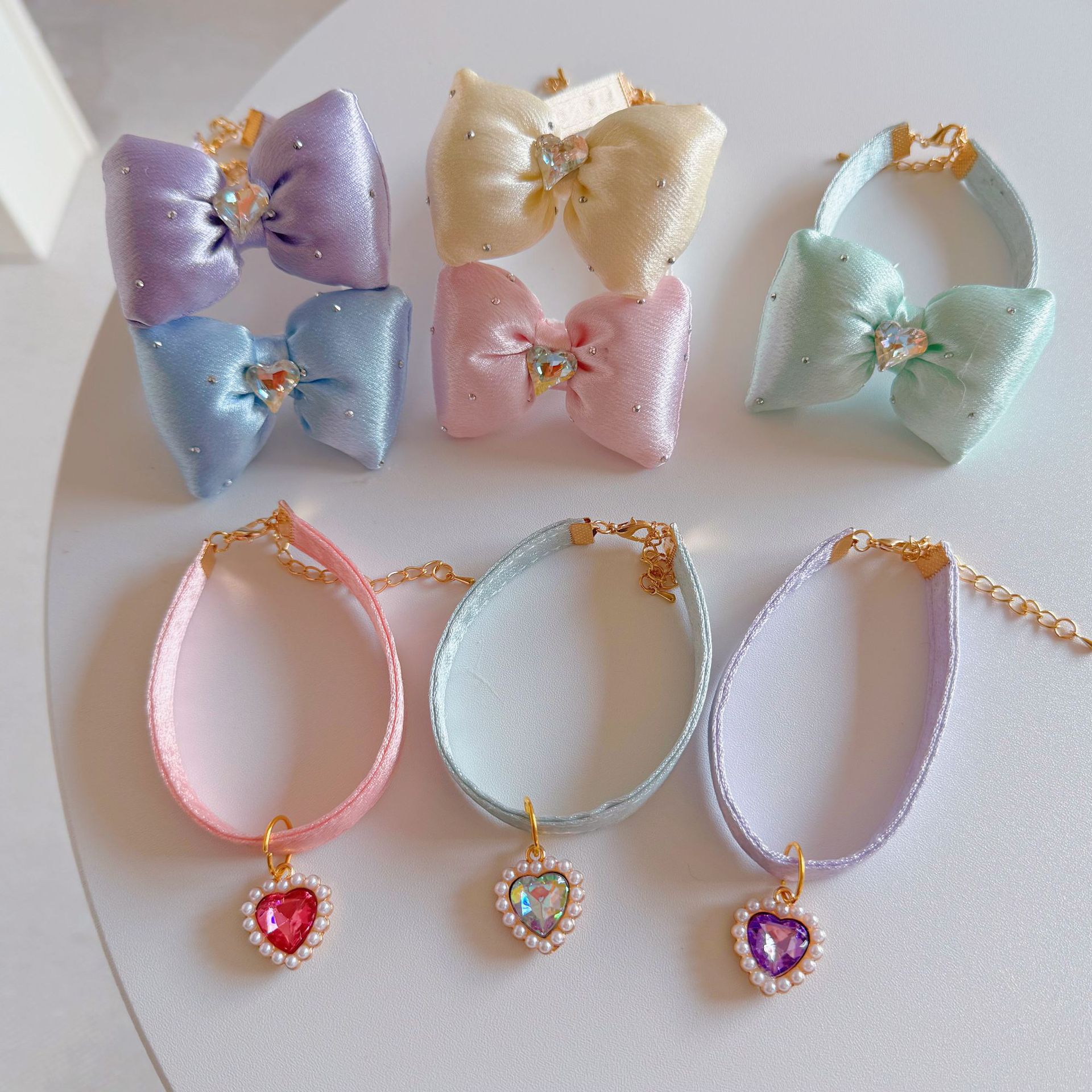 10個セット ペットパールリボン首輪猫2重パールハートペンダントプリンセス子犬誕生日ネクタイネックレス