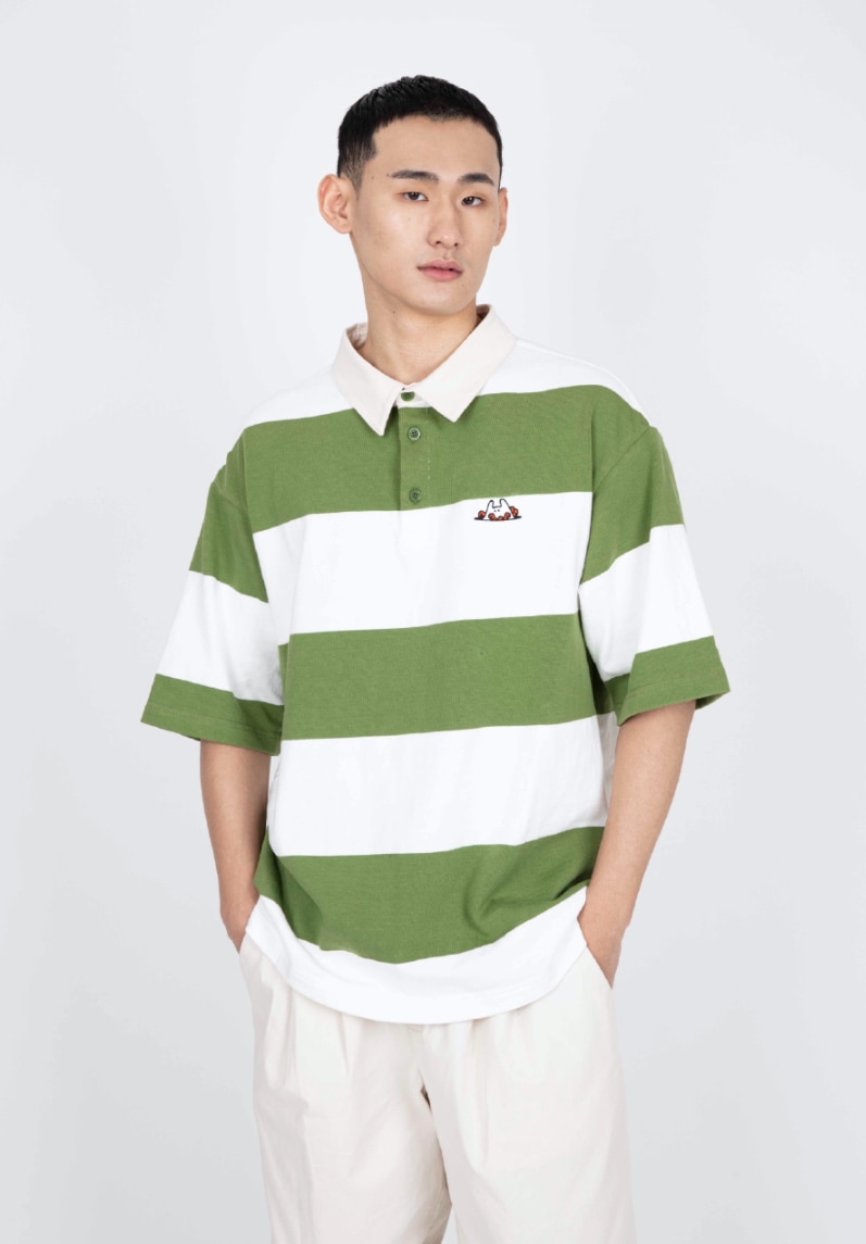 DAUB ユニ ストライプ カラーTシャツ グリーン ピケ/カラー