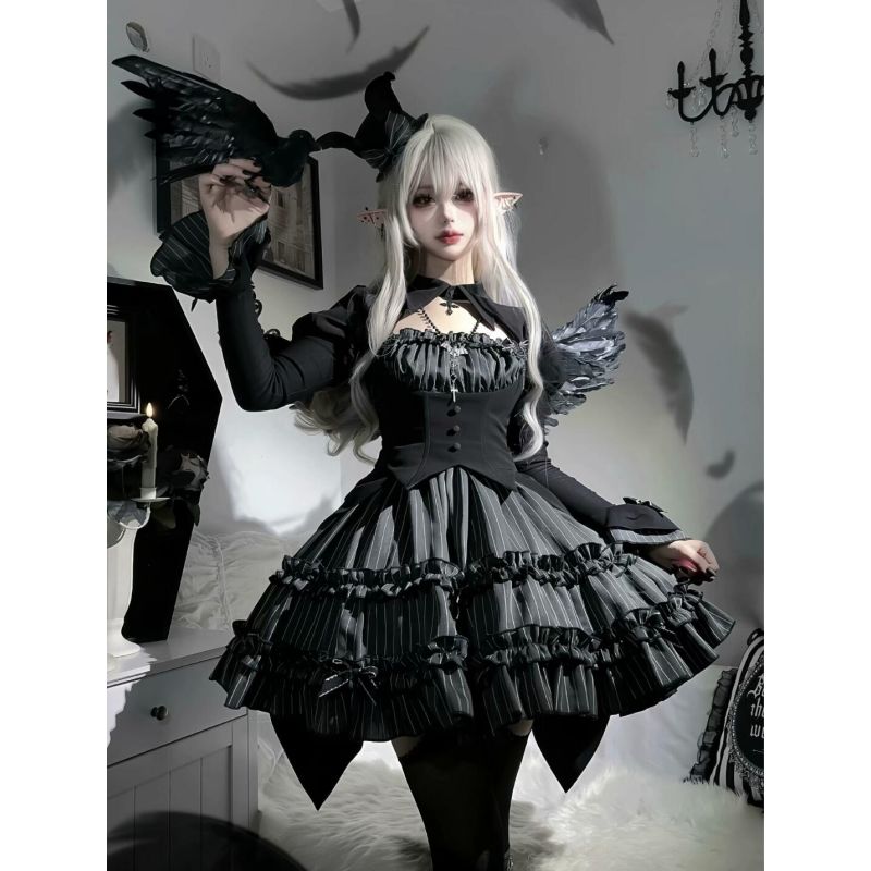 ダークロリータ新作フェイクツーピースストライプ透かしトップスパフパフスカートセット