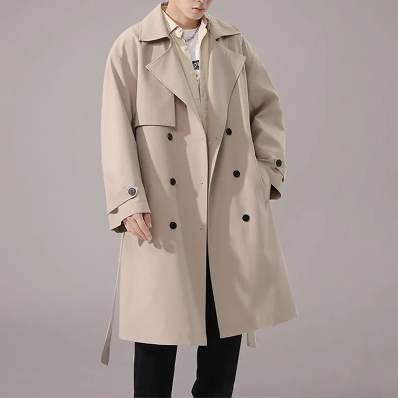 送料無料メンズカジュアル秋ロングジャケット,無地,フラップカラー,トレンチコート