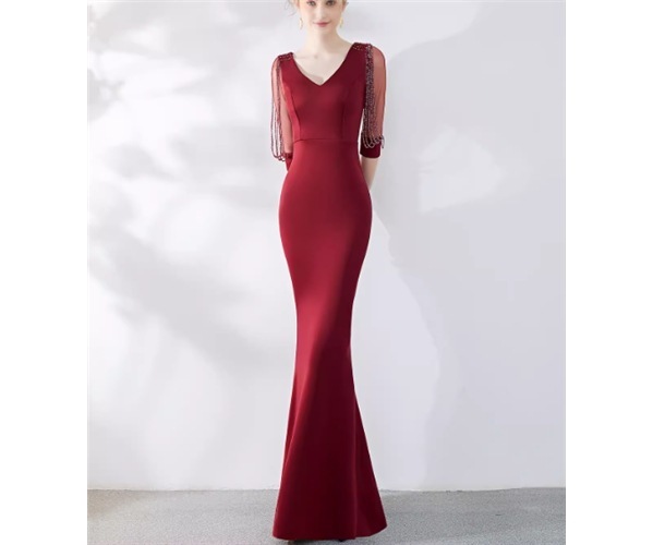 レディース ドレス イブニングドレス ウエディングドレス カラードレス お色直し ウェディング パーティー 結婚式 二次会 披露宴 ロング マキシ 5分袖 Vネック マーメイド タイト スリム 細身