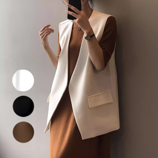 ３色展開 後ろスリット入りベスト レディース トップス ジャケット ベスト アウター 上着 ジレ ロング 丈長 袖なし ノースリーブ 襟なし ノーカラー 細身 ストレート アシンメトリー スリット 6,934円