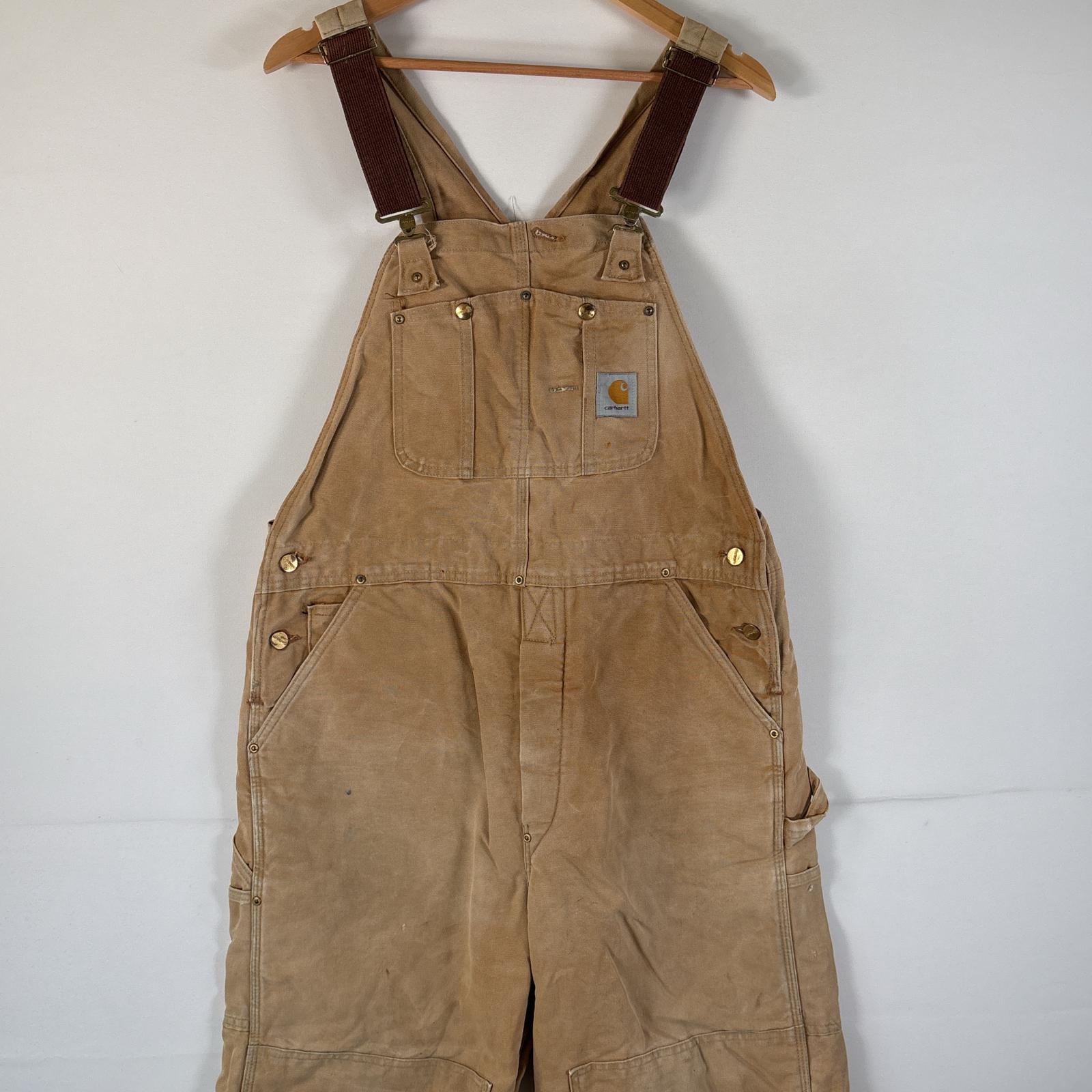 古着 オーバーオール ダック ワンポイントロゴ 大きいサイズ ダブルニー ボタンフライ キャメル メンズ
